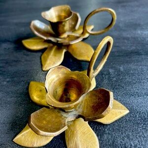 Two Solid Brass Orchid shaped Candle Holders